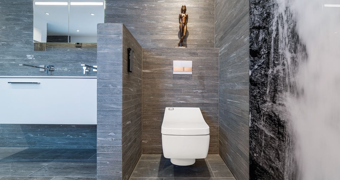 Wandabtrennung Waschtisch und WC in Schieferoptik