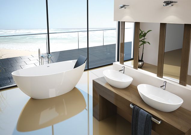 Freistehende ovale Badewanne und Aufsatzwaschbecken aus Mineralguss