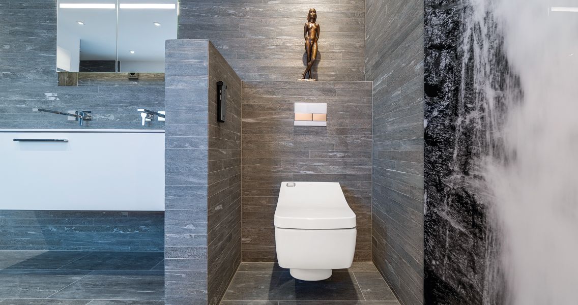 Wandabtrennung Waschtisch und WC in Schieferoptik