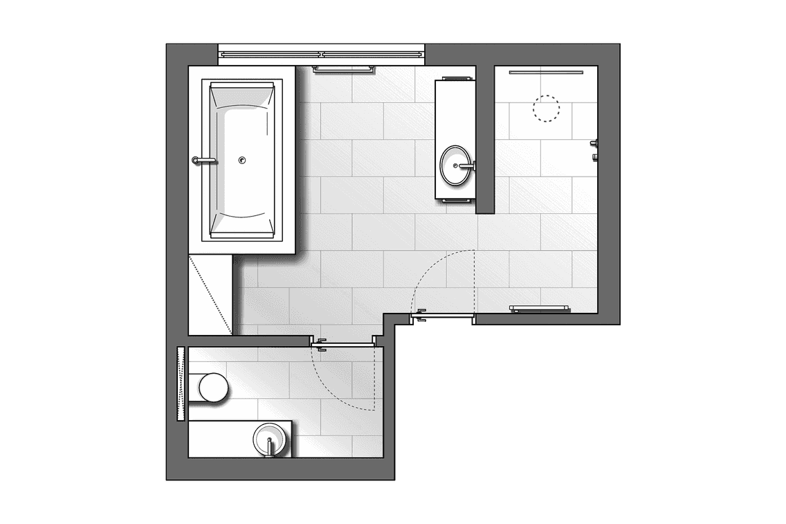 Planungsskizze von unterschiedlichen Funktionsbereichen im Bad
